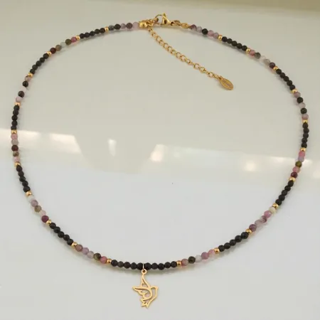 Naszyjnik z kamieni naturalnych Turmalin kolorowy i obsydian z jaskółką