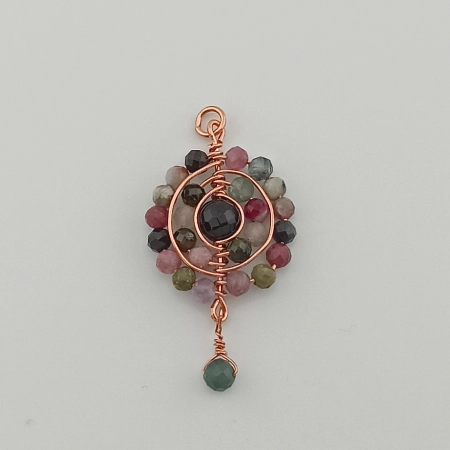 Zawieszka wisiorek z miedzi i kamieni naturalnych turmalin kolorowy i onyks w technice wire wrapping